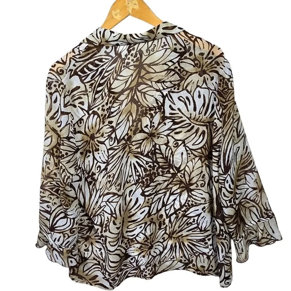 Alfred Dunner Cream and Brown Leaf Print Blouse Size 18